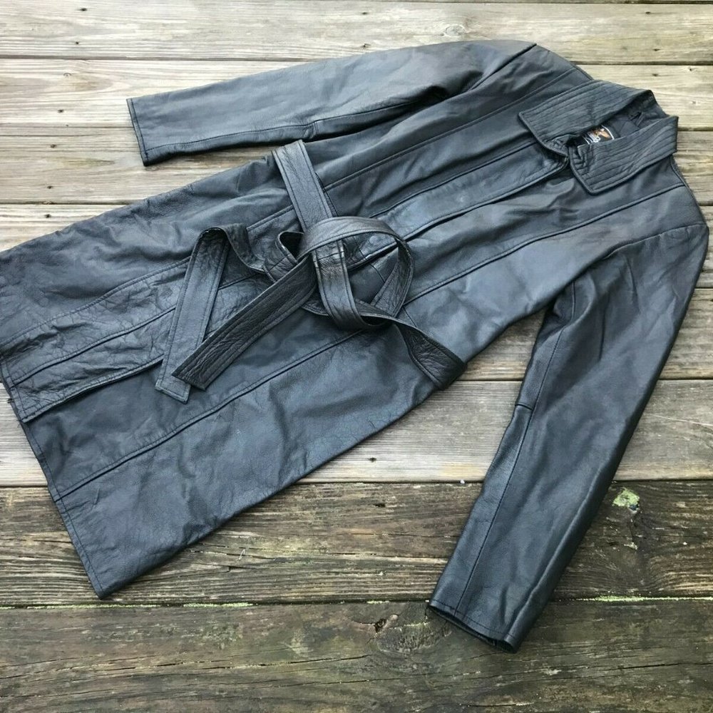 Women Jacket Genuine Leather Jacket Long Winter Coat Black W/ Belt Size M Read